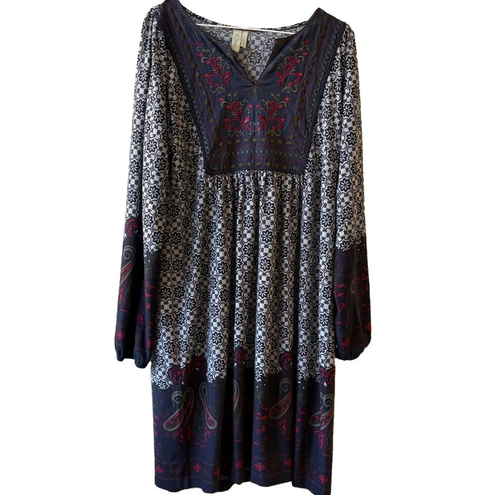 Sahalie Black/White/Red Floral Embroidered V-Neck Shift Dress Women’s L Boho